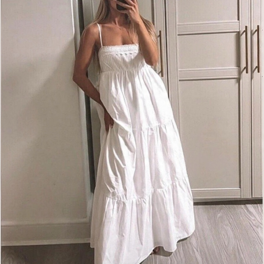 Zara White Poplin Spaghetti-Strap Tiered Dress